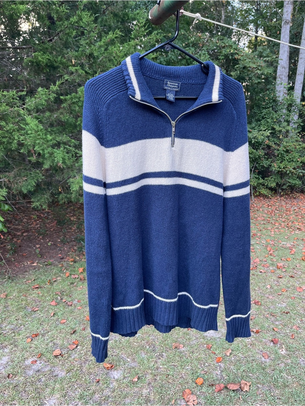 American Outfitters Navy and Cream Half-Zip Striped Sweater